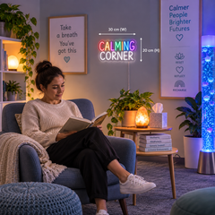 A calming corner sign featuring an adult in a peaceful, relaxing setting.