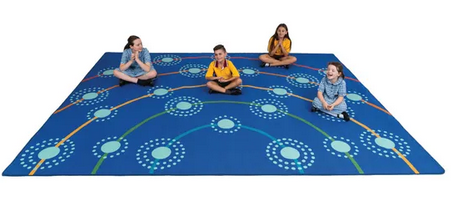 Campfire Placement rug in blue with circular seating layout and central gathering point for group learning