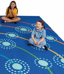 Two children seated on the Campfire Placement rug with circular seating layout and central gathering point for group learning
