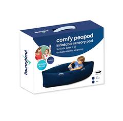 Image of the Bouncyband Comfy Peapod inflatable sensory pad packaging on a white background