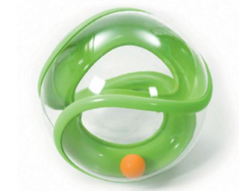 This is an image of the Tai-Chi 20 cm ball  for sensory overload. It is a clear outer ball with a green inner maze and an orange ball.