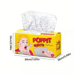 This is an image of the box of Poppit Bubble Wrap Sheets. It shows the dimensions of the bocThere is an image of a lady with her hands on her cheeks as though she is stressed.