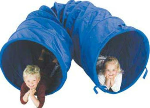 This is an image of 2 children crawling in a blue nylon tunnel