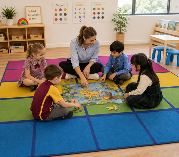 Rainbow Blocks Classroom Rug 3m x 2m – Educational Seating Rug for Schools & Early Learning