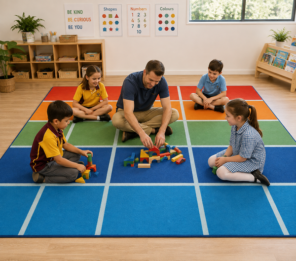 Fun Colour Blocks Classroom Rug – 30 Rectangle Seating Mat 4m x 3m | Bright Learning Space Rug