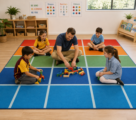 Fun Colour Blocks Classroom Rug – 30 Rectangle Seating Mat 4m x 3m | Bright Learning Space Rug