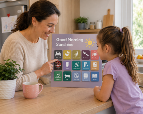 A mother and young daughter use a Good Morning Sunshine magnetic visual routine chart together in a modern kitchen, helping the child follow morning tasks such as getting dressed, brushing teeth, packing her bag and preparing for the day.