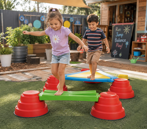 Two preschool children happily navigate a colourful Build n’ Balance Platform Kit outdoors, practising balance, coordination, motor planning and gross motor skills through active play.