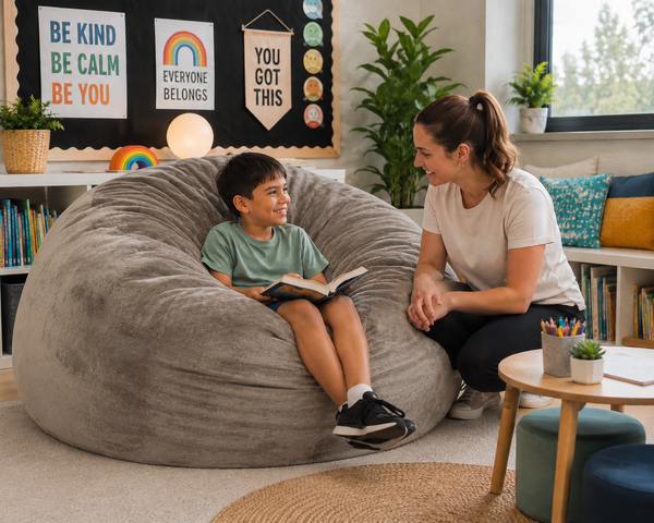 Student on a Calming Cloud Chair for relaxation and supported seating in a classroom reading corner with a  teacher