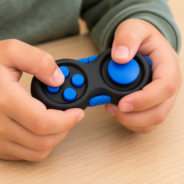 Close-up of young hands using a blue Fidget Controller sensory tool, pressing the tactile buttons to provide purposeful hand movement and sensory input