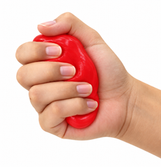 Hand squeezing red Hand Exercise Putty to demonstrate grip strength and hand therapy exercise