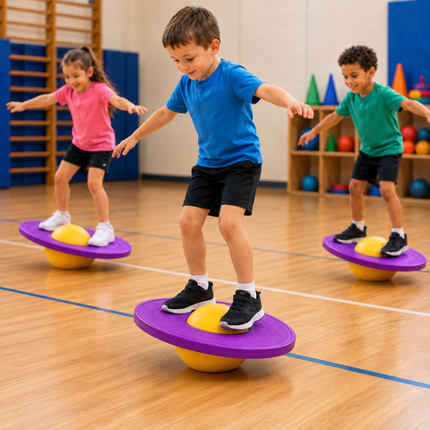 Children using Rock 'N' Hopper Balance Trainer Sets during a supervised school movement activity to develop balance, coordination and gross motor skills