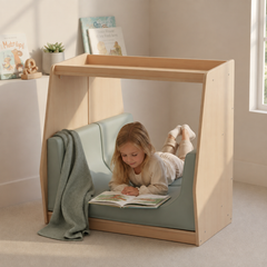 Child using the Natural Spaces Cosy Nook as a quiet reading and independent learning space in a calm classroom environment