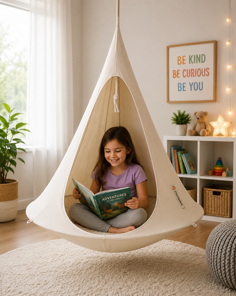 A child sits inside a cream fabric teardrop hanging chair in a bright, modern room, reading a book. The chair is suspended from the ceiling, and the background features a white bookshelf, a framed 'BE KIND BE CURIOUS BE YOU' sign, and a cozy atmosphere.