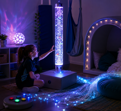 Complete Sensory Bubble Tube Bundle 150C | 150cm Interactive Bubble Tube with Sofa Podium & Fibre Optic Tails - preorder for late August despatch