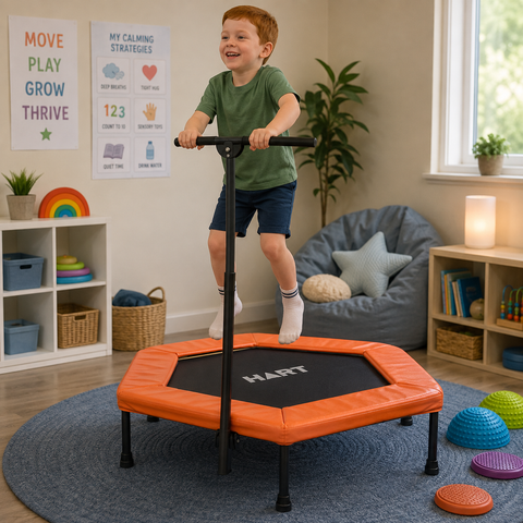 Hex Trampoline with Stabilising Bar – Vestibular Sensory Support for Schools, Therapy & NDIS Participants