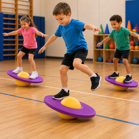 Three children balancing on purple and yellow exercise discs on a wooden gym floor.