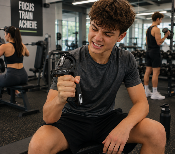 A teenage boy sits on a bench in a modern gym, firmly squeezing an adjustable hand grip exerciser to build hand strength, improve grip and provide resistance-based sensory input.