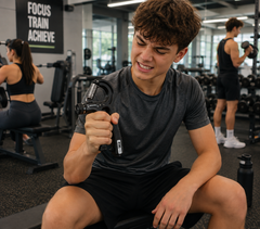 A teenage boy sits on a bench in a modern gym, firmly squeezing an adjustable hand grip exerciser to build hand strength, improve grip and provide resistance-based sensory input.