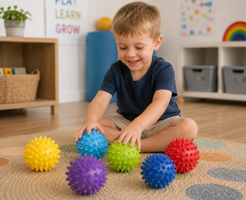 A young boy sitting on a carpeted floor in a playroom, smiling and touching several colorful spiky balls in yellow, blue, green, purple, and red.