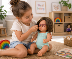 A young girl sits on a rug in a bright children's room, adjusting purple eyeglasses on a doll wearing a light blue romper. The room has a wooden shelf with toys, framed wall art, and a rainbow toy nearby.