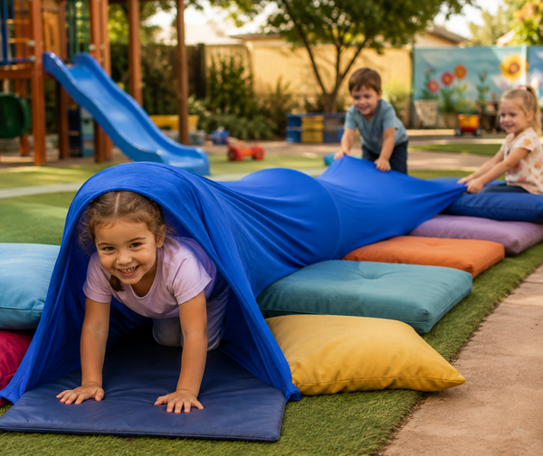 Three children playing outdoors on colorful padded mats and a blue fabric tunnel in a playground setting.