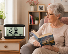 An elderly woman with gray hair and glasses sits in a cozy living room reading a book, while a black digital alarm clock displaying 'SATURDAY 12:00' sits on a wooden side table beside her.