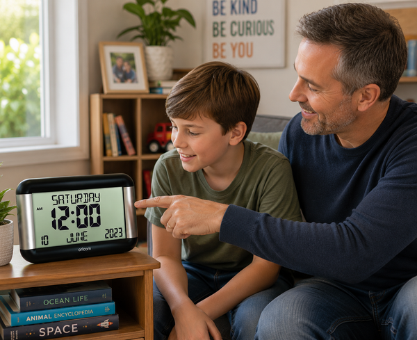 A man and a boy sitting together on a couch, pointing at a digital alarm clock on a table. The clock is black with a silver frame and a lit display showing Saturday 12:00 and the date June 10, 2023.