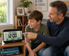 A man and a boy sitting together on a couch, pointing at a digital alarm clock on a table. The clock is black with a silver frame and a lit display showing Saturday 12:00 and the date June 10, 2023.