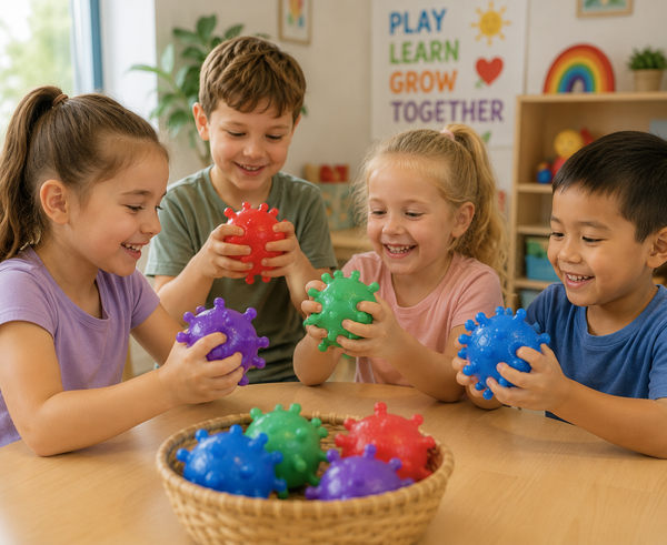 Four children sitting around a table in a bright classroom, each holding a colorful spiky stress ball while a woven basket of matching stress balls sits in front of them.