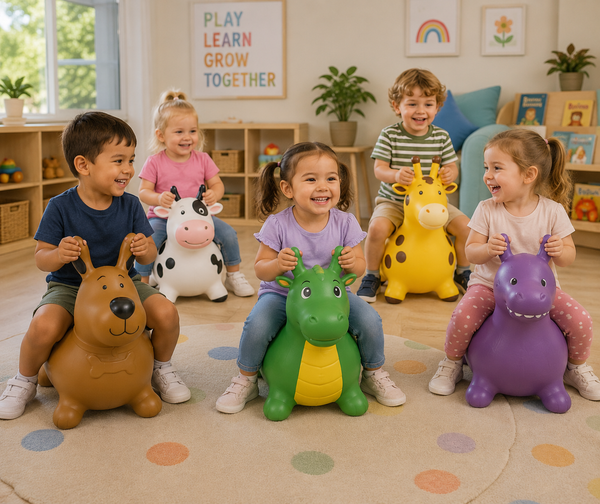 Six children sitting on colorful animal-shaped bounce toys in a bright, playful classroom. The toys include a brown dog, black-and-white cow, yellow giraffe, green dragon, and purple hippo, arranged on a polka-dot rug.