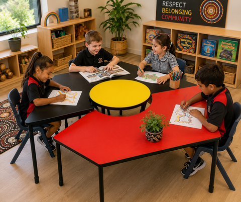 Four children sitting around a hexagonal table with a red top and yellow center, writing and drawing in a bright classroom with shelves and toys in the background.