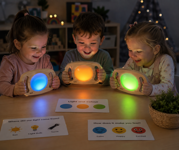 Children using Easy Hold Glow Panels during a sensory learning activity, exploring coloured light and visual movement together