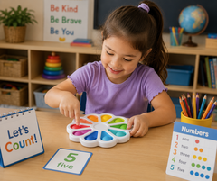A young girl with a purple shirt sits at a wooden table in a classroom setting, interacting with a colorful flower-shaped counting toy. She points to a pink section of the toy.
