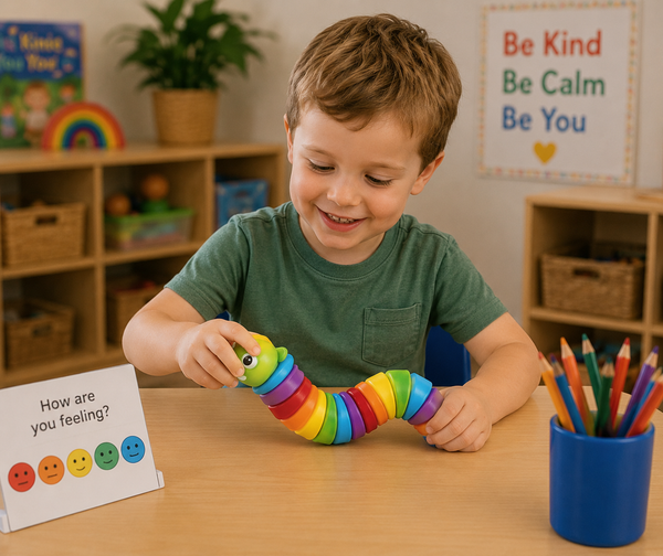 A young boy in a green t-shirt smiles while playing with a colorful rainbow caterpillar toy on a light wood table in a classroom setting.