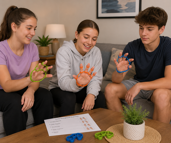 Three people sitting on a couch in a living room demonstrating colorful stretchy finger and hand stretchers, with a printed instruction sheet and blue, green, and orange stretchers on a wooden coffee table in the foreground.