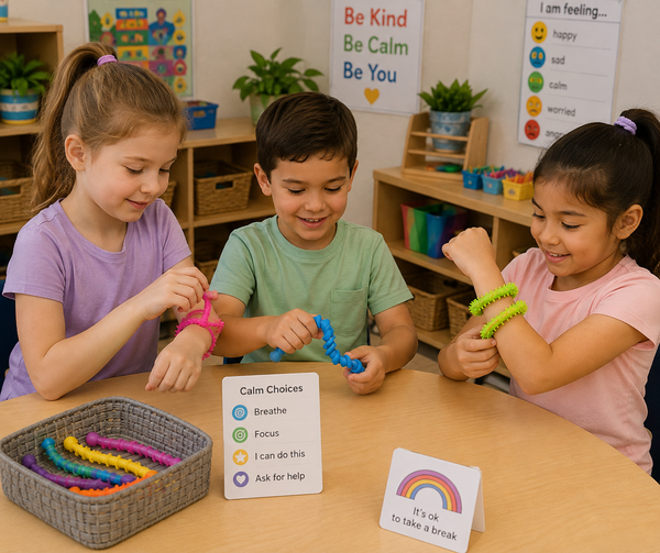 Three children sitting at a table in a classroom setting, wearing colorful coiled wristbands. A white card on the table reads 'Calm Choices' with blue, green, yellow, and orange options, and another card says 'it's ok to take a break.