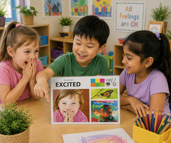 Three primary school children explore an Emotions Art & Language Chart featuring the feeling “Excited” in a bright classroom, helping students recognise, understand and express emotions while developing emotional literacy and communication skills.