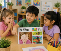 Three primary school children explore an Emotions Art & Language Chart featuring the feeling “Excited” in a bright classroom, helping students recognise, understand and express emotions while developing emotional literacy and communication skills.