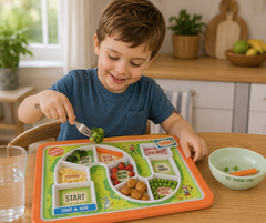 A smiling young boy uses the FRED Dinner Winner Kids Food Plate at a kitchen table, picking up broccoli with a fork while exploring different foods in the colourful divided sections, supporting positive mealtimes and children with sensory food aversions.
