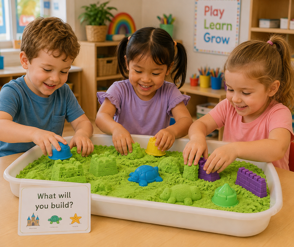 Three children are happily playing with green kinetic sand in a white tray, using colorful molded shapes and a small sign that reads 'What will you build?'. The scene is set in a bright, colorful children's classroom.