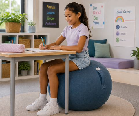 A young girl sits on a large navy blue exercise ball under a light wood desk, writing in a notebook in a bright, modern classroom or therapy room. The room features colorful educational posters, shelves with plants, and a purple cushioned bench in the background.