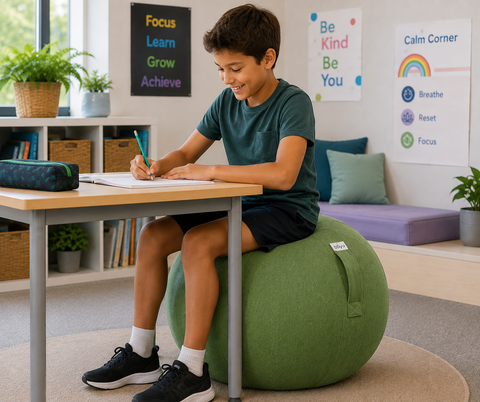 A child sitting on a green exercise ball desk chair at a wooden desk, writing in a bright, modern classroom or study room.