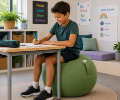 A child sitting on a green exercise ball desk chair at a wooden desk, writing in a bright, modern classroom or study room.
