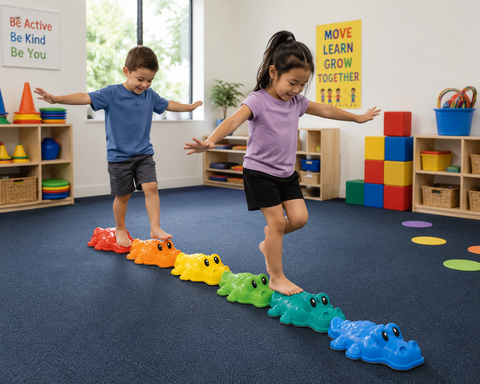 Two children balancing on a colorful alligator-shaped sensory path in a bright preschool classroom.