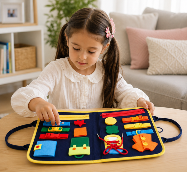 A young girl with pigtails sits at a wooden table, interacting with a colorful felt educational activity mat. The mat features a navy blue center with yellow trim and various colorful felt shapes, buttons, and a zipper.