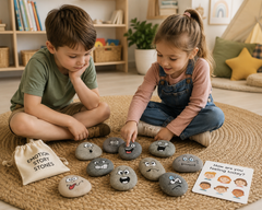Two young children explore Emotion Story Stones together in a calming play space, using expressive facial images to identify different feelings and support emotional literacy, communication, empathy and self-regulation.