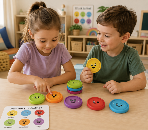 Two young children explore colourful Learning Resources Rainbow Emotions Fidget Poppers at a classroom table, using different facial expressions to identify feelings while supporting emotional literacy, sensory regulation, communication and fine motor skills.