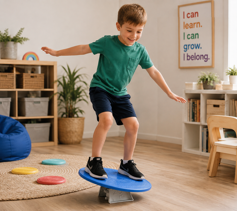 A smiling young boy balances on a blue Multi Functional Balance Board in a bright learning and sensory play space, supporting balance, coordination, core strength, body awareness and active movement.