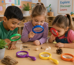 Three preschool children use colourful Jumbo Magnifiers to explore insects, shells, plants and natural objects at a classroom activity table, encouraging hands-on STEM learning, observation, curiosity and sensory exploration.